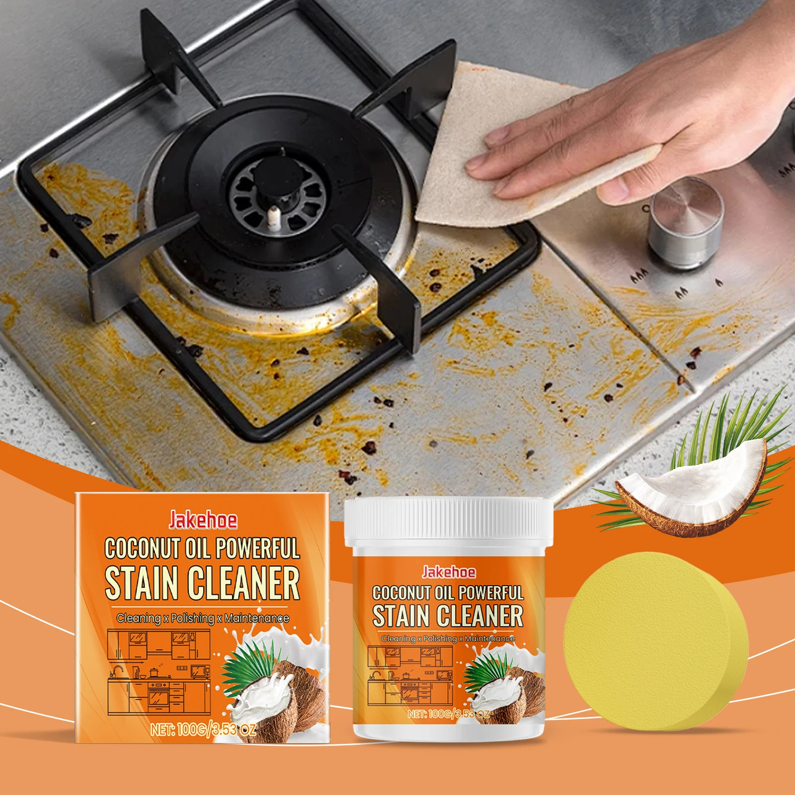 Kokosnussöl-Polierpaste, Mehrzweck-Reinigung, Dekontamination, Entfettungsoberflächenreiniger für die Reinigung von Kochgeschirr in der Küche, 100 g Image