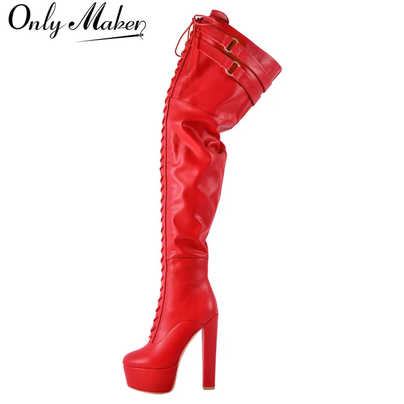Onlymaker Damen-Stiefel mit runder Zehenpartie, Plattform über dem Knie, rosa Schnürung, sexy seitlicher Reißverschluss, Punk-Oberschenkel-Winterstiefel