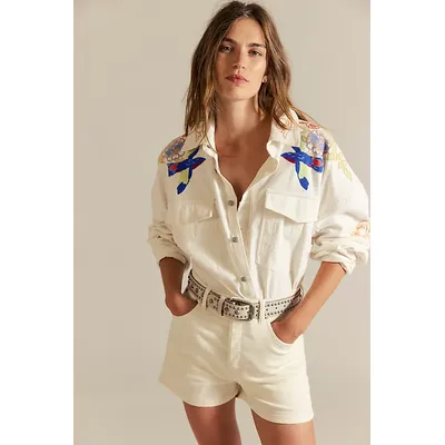 We The Free Take Flight Embroidered Shirt at Free People in Snow Bell Combo, Size: XL