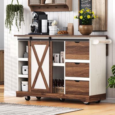 55 Inch Farmhouse Kitchen Island Drop Leaf Barn Door Power Outlet Wheels