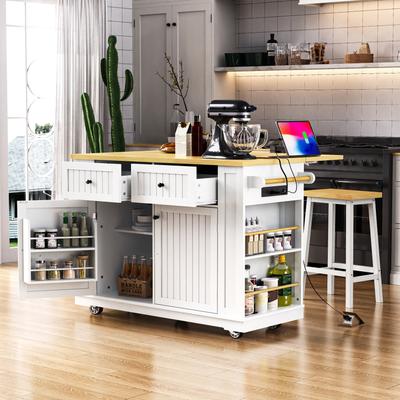 48 Inch Kitchen Island White Drop Leaf Power Outlet 5-Wheel Storage Cart
