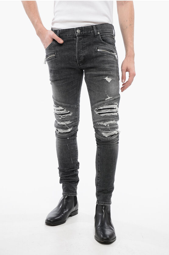 Distressed-Jeans mit mehreren Taschen und Biker-Einsätzen aus Leder 1 in Grau