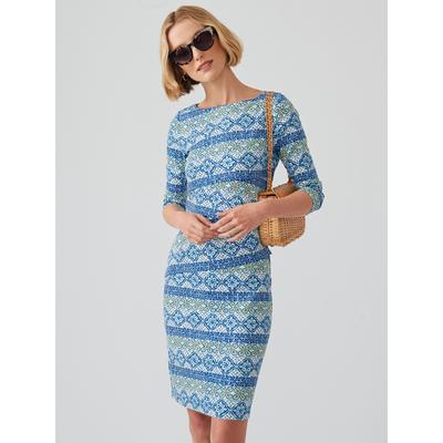 J.McLaughlin Women's Nicola Dress in Garden Mosaic Stripes Blue/Mint, Size Medium | Cotton/Spandex/Catalina Cloth