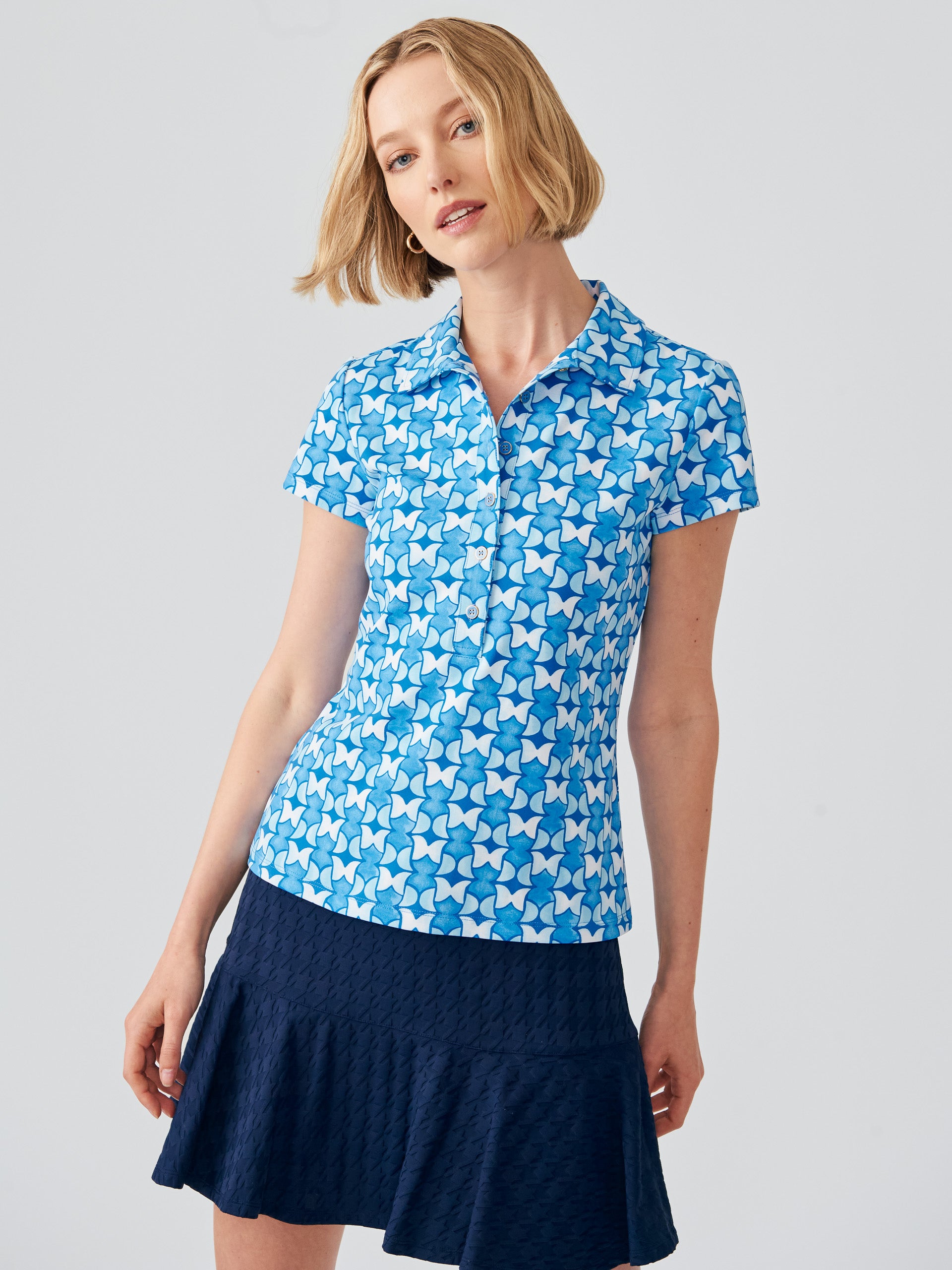 J.McLaughlin Women's Court Cap Sleeve Polo in Pop Tulip Dark Blue/Blue/White, Size XS | Nylon/Spandex/Catalina Cloth