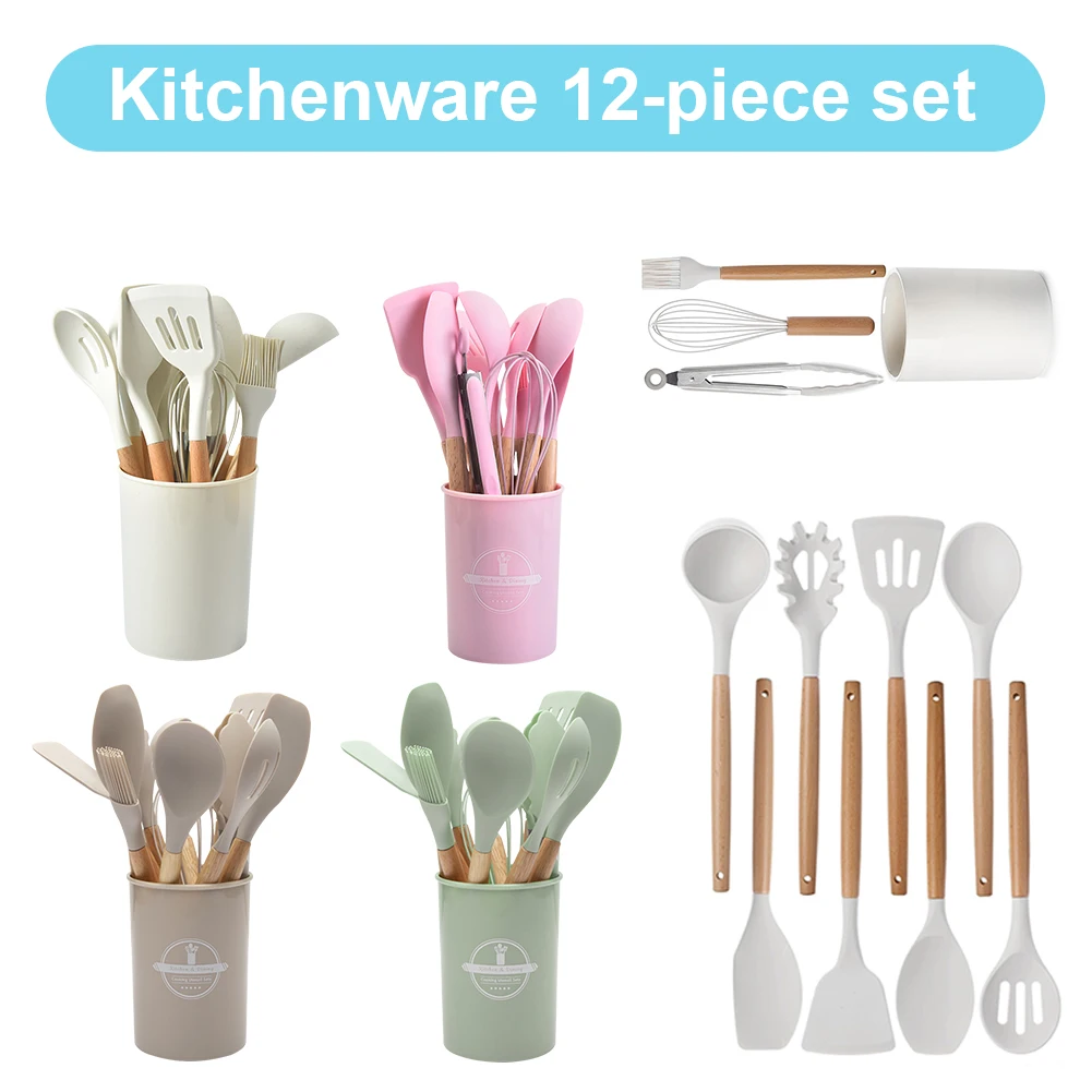 Ensemble d'ustensiles de cuisine 12 pièces, ustensiles de cuisine résistants à la chaleur avec poignées en bois, spatule antiadhésive, cuillère, brosse, fouet pour la cuisine domestique