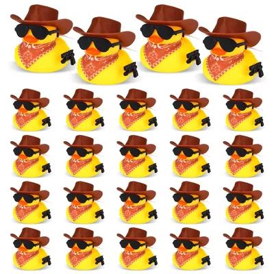 24/48 Set Cowboy Rubber Duck with Cowboy Hat Scarf Sunglasses Mini Cowboy Ducks Tiny Rubber Yellow Duckies Bathtub Toy Ducks