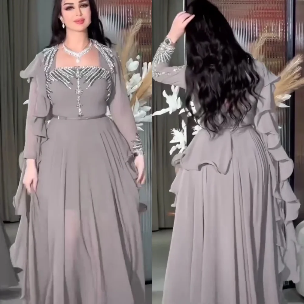 Customized Chiffon Sequined Ruffle Square Neck A-line Long Dresses Bespoke Occasion Glitter Classic Elegant Evening Gown