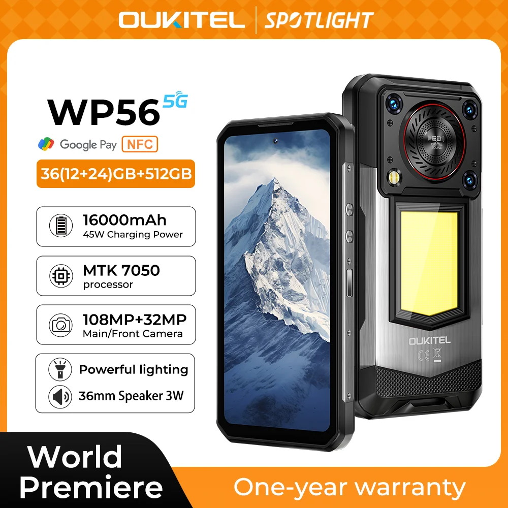 OUKITEL WP56 Rugged phone 16000mAh 45w 36GB+512GB 6.8“FHD 120Hz cell phone MTK7050 32MP+108MP android 15 smartphone