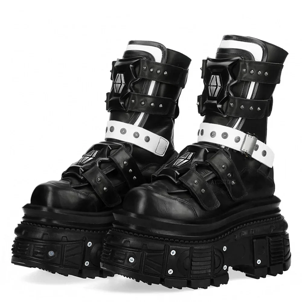 Punk Dicke Sohle Gürtelschnalle Niet Motorradstiefel 2025, Neu 35–45, Mode, Party, kurze Stiefel, Straße, Rock, runde Sport-Freizeitstiefel