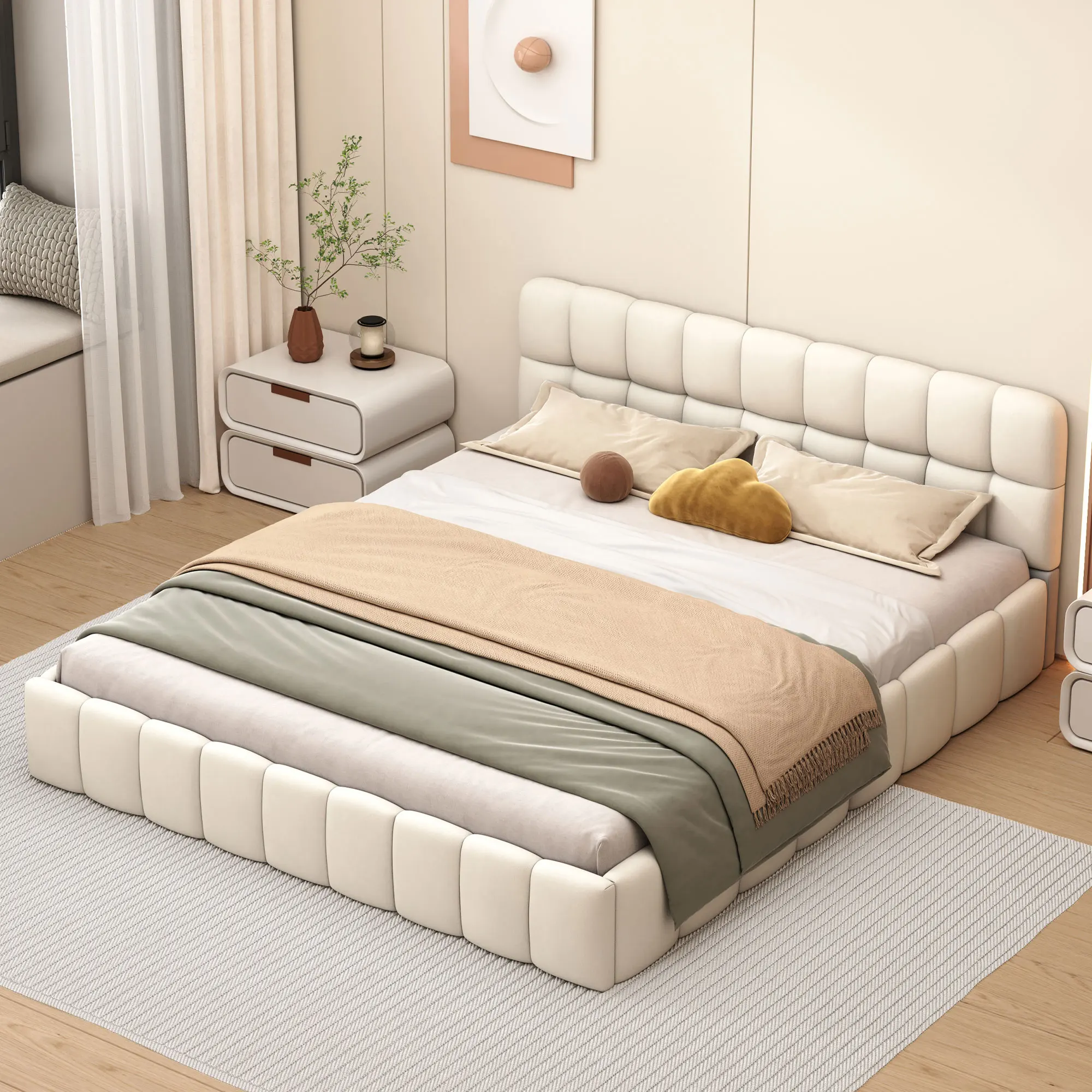 Rosahqnda Polsterbett Standdoppelbett mit weicher Rückenlehne, Flachbett mit Polsterrand, Lattenrost，Leinen, ohne Matratze Image