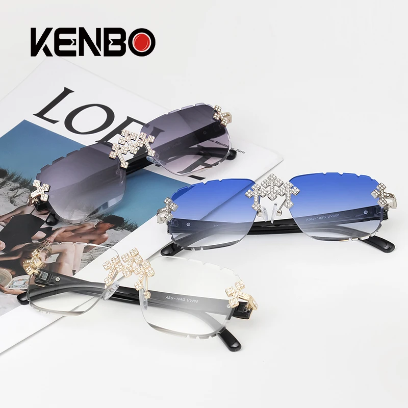 Kenbo quadratische randlose Sonnenbrille für Damen, Kreuz-Diamant-Metallrahmen, luxuriöse Brillen, geschliffene Gläser, modische Sonnenbrille Image