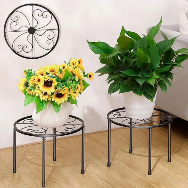 1/2 Stück Metall-Pflanzenständer, freistehender runder Blumenständer für Balkon, minimalistische PothosPflanzenhalterung, Mini-Aufbewahrungsregal, Schwarz, Multifu Image