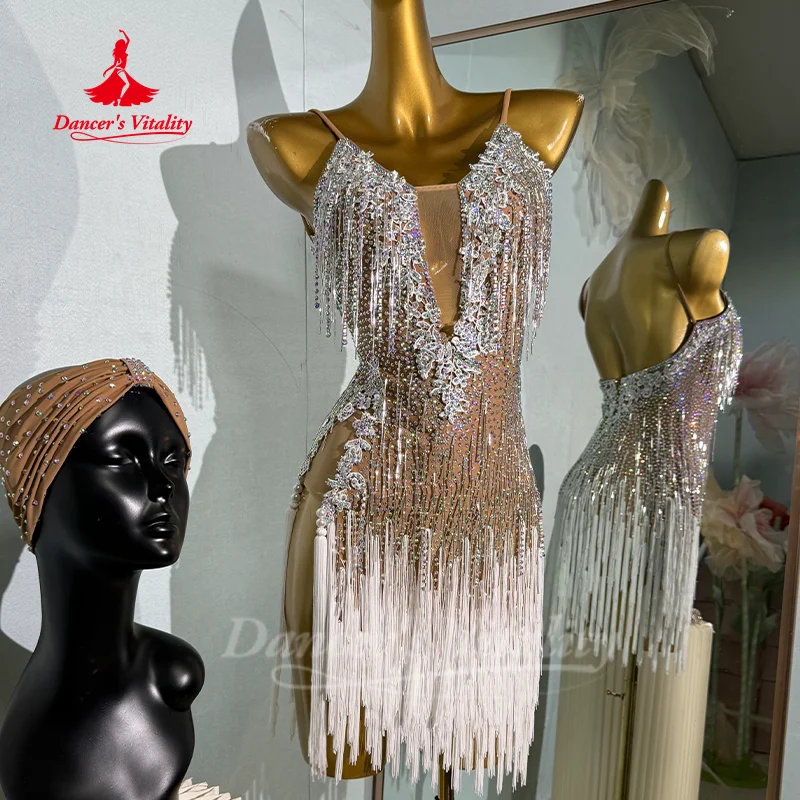 Latein-Tanz-Wettbewerbskleid, hochwertiges, maßgeschneidertes Tango-Cha-Cha-Samba-Performance-Kostüm für Erwachsene und Kinder mit Quasten Image