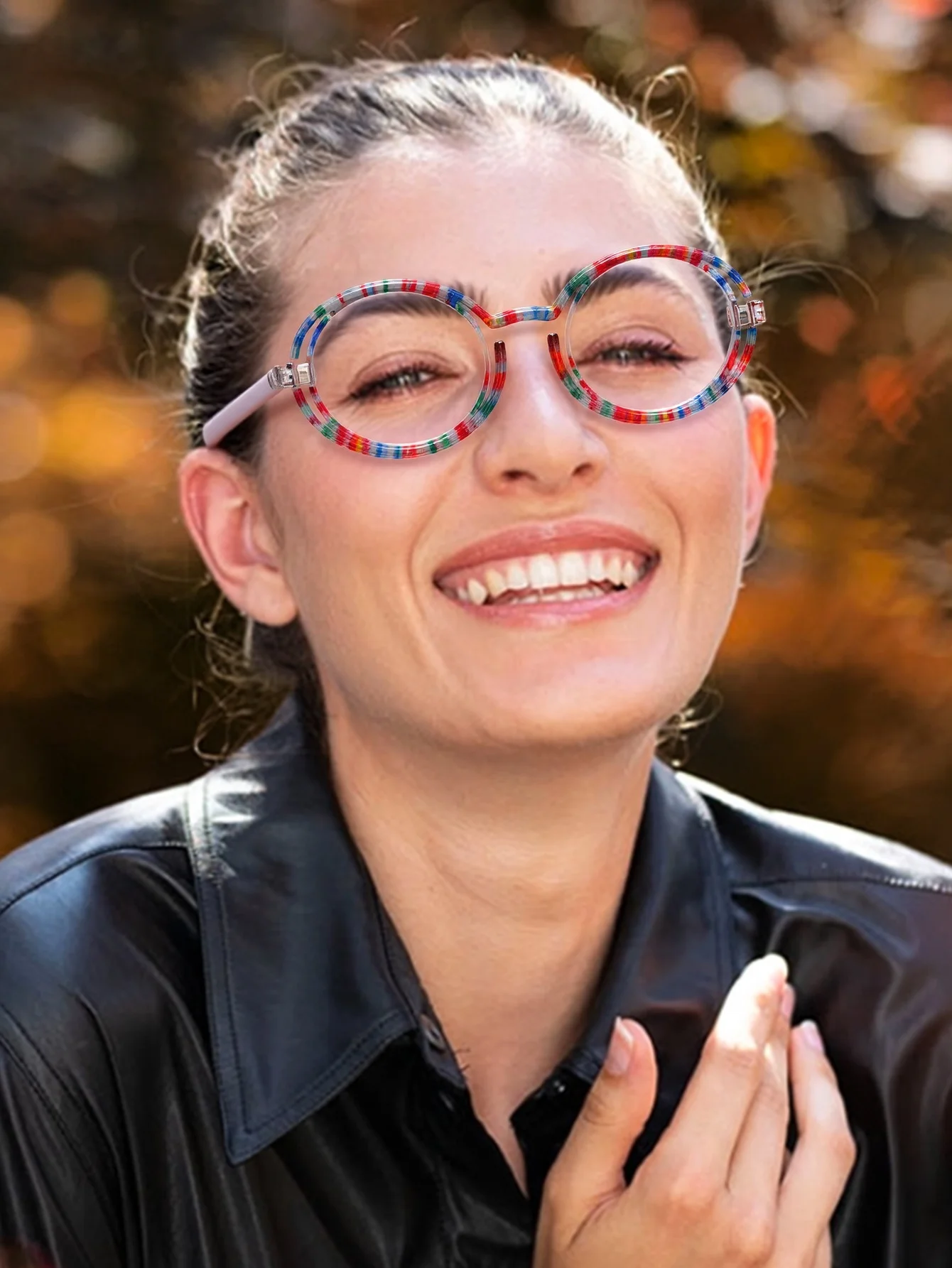 Runde, doppellagige, modisch bedruckte Lesebrille mit Ausschnitten, Vergrößerungslinsen, geeignet zum Lesen von Zeitungen, zum Schreiben von Anti-Blau Image