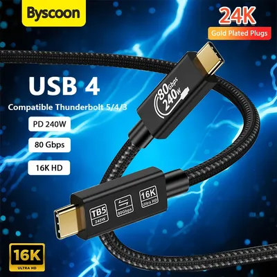 USB-C-Monitorkabel, 16 K60 Hz, 4 K120 Hz, HDR-Videodisplay, 80 Gbit/s, 240 W, schnelles Laden, 24 K vergoldetes Kabel, Thunderbolt 5 4 kompatibel