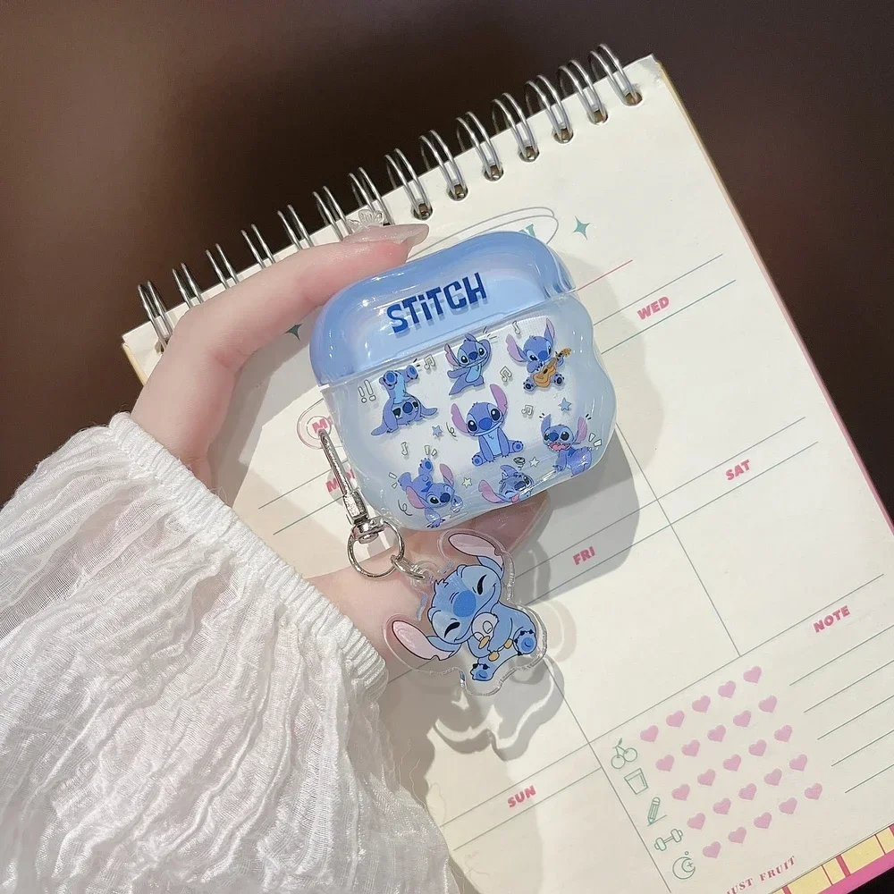 Kopfhörerhülle für Airpods 1 2 3 4 Pro 2, niedlicher Cartoon Disney Stitch Wireless Bluetooth Headset Schutzhülle mit Schlüsselanhänger Image