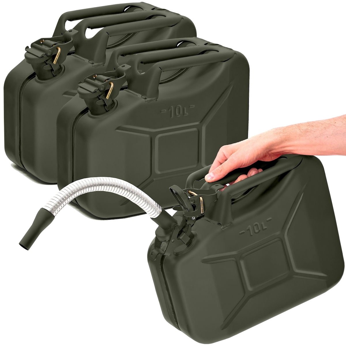 BW® Kraftstoffkanister Metall Benzinkanister 3x 10 Liter mit Ausgießer - Bronzegrün - RAL 6031-F9 - TÜV-geprüft und UN-Zulassung - Made in Europe Image