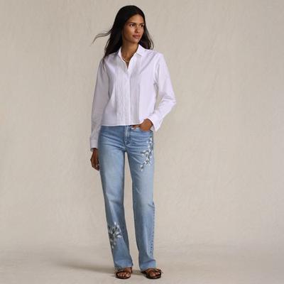 Embroidered Relaxed Straight Leg Jeans, Mid Rise, Women, size: 10, regular, Blue, Spandex/Cotton-blend, by Lands' End