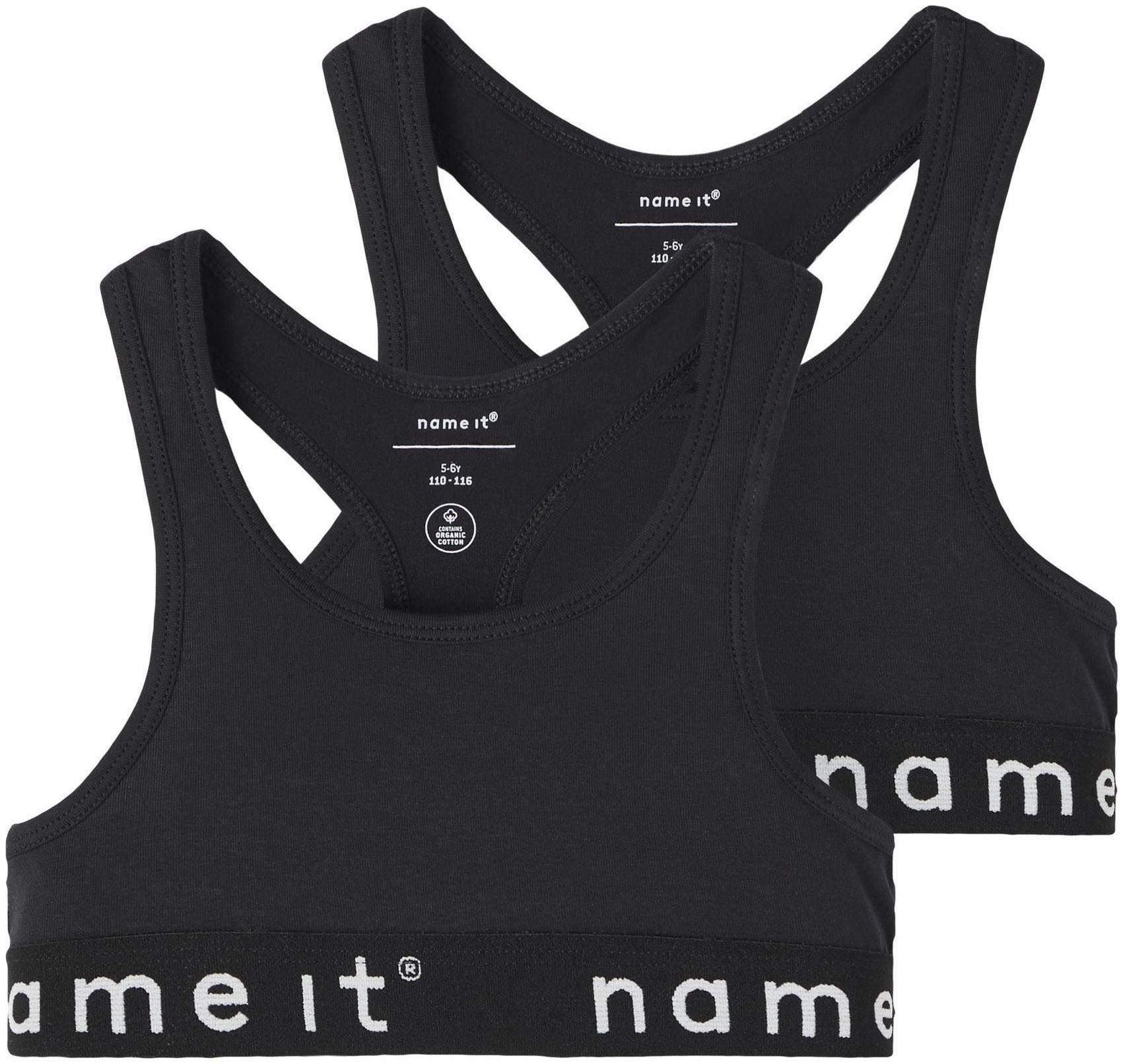 Bustier NAME IT "NKFSHORT – Bralette im 2er-Set mit Ringerrücken", Baby, Gr. 116, N-Gr, schwarz, Jersey, Obermaterial: 95% Baumwolle, 5% Elasthan, unifarben, körpernah, BHs, unifarben, casual, körpernah, Baumwolle Image