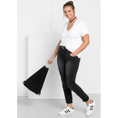 Bequeme Jeans SHEEGO, Damen, Gr. 27, Kurzgrößen, schwarz (schwarz denim), 37% Viskose, 34% Baumwolle, 27% Polyester, 2% Elasthan, 67% Baumwolle, 2% Elasthan, 27% Polyester, lang, Jeans Image