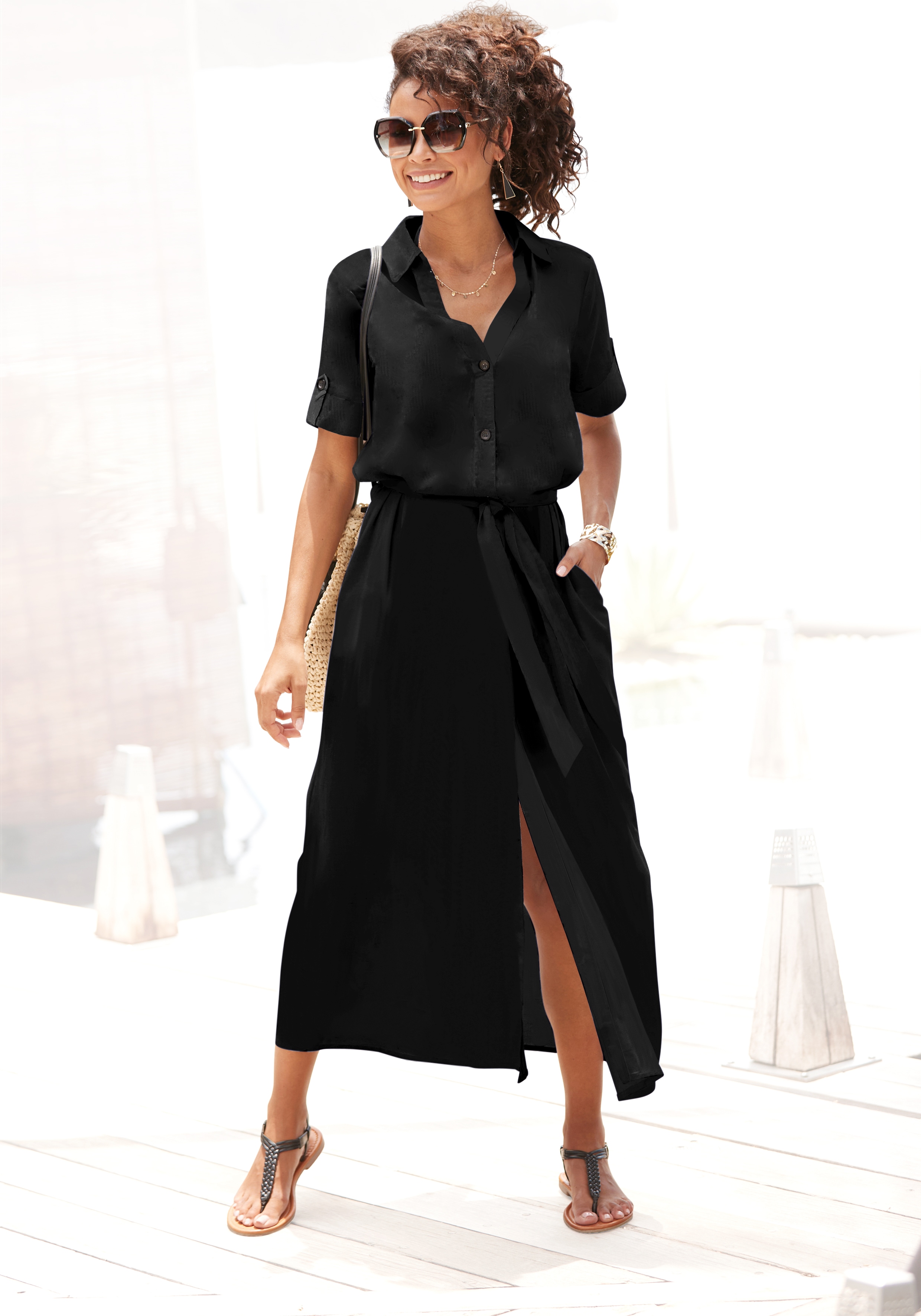 Hemdblusenkleid LASCANA, Damen, Gr. 44, N-Gr, schwarz, Web, Obermaterial: 58% Viskose, 28% Baumwolle, 14% Leinen, Modisch, figurumspielend knöchelfrei, V-Ausschnitt, Aufschlag, Kleider, aus Leinenmix Image