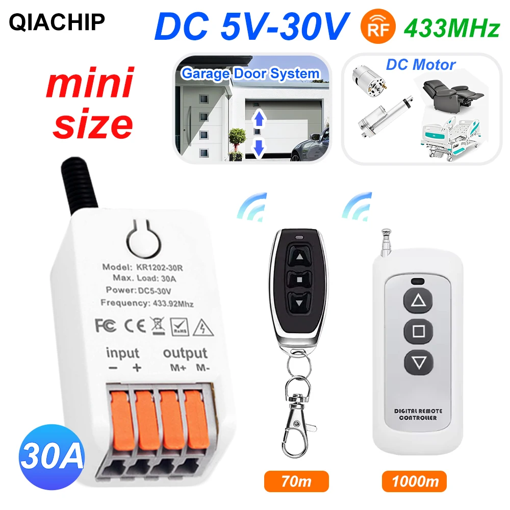 QIACHIP 433 MHz Motorschalter 30 A DC 5 V-30 V KR1202-30R zur Fernbedienung des Motorvorwärts- und Rückwärtsdrehens Image