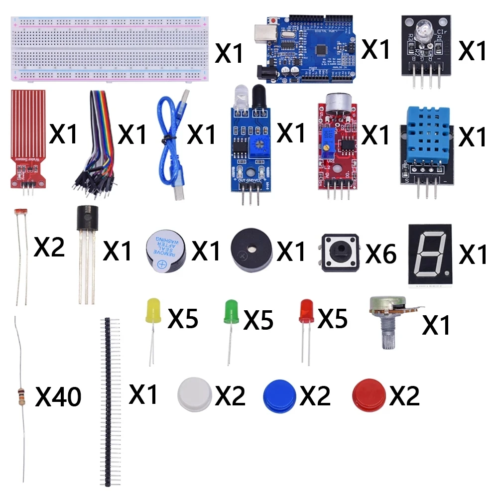 Starter Kit für Arduino Uno R3 Breadboard Basic, einfaches Lernset, Ton-/Wasserstand-/Feuchtigkeits-/Entfernungserkennung, LED-Steuerung Image