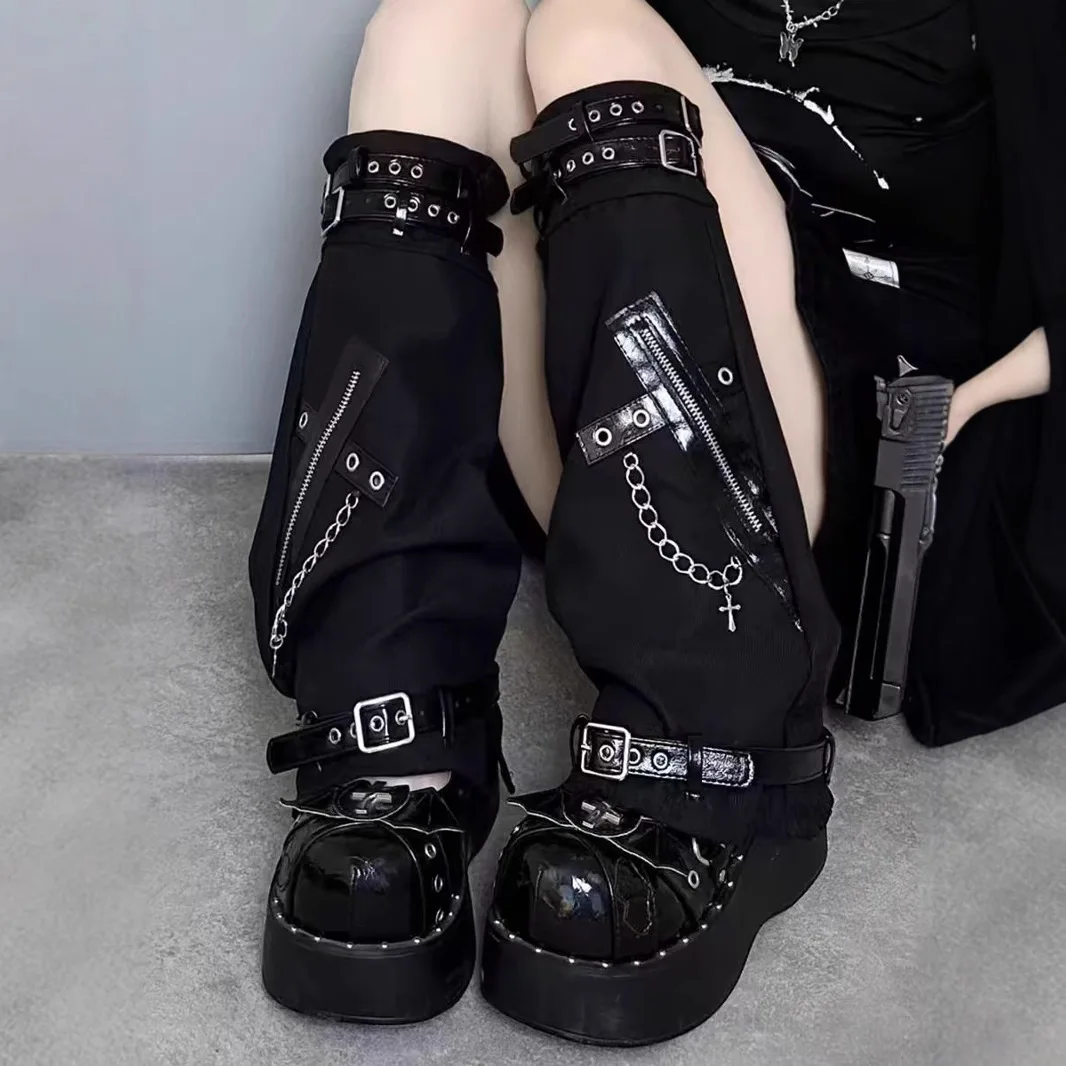 Gothic Einstellbare Leder Schnalle Harajuku Cyber Punk Rock Frauen Bein Wärmer Y2k Bein Socken Ärmeln Fuß Bein Abdeckung Straße Stiefel Image
