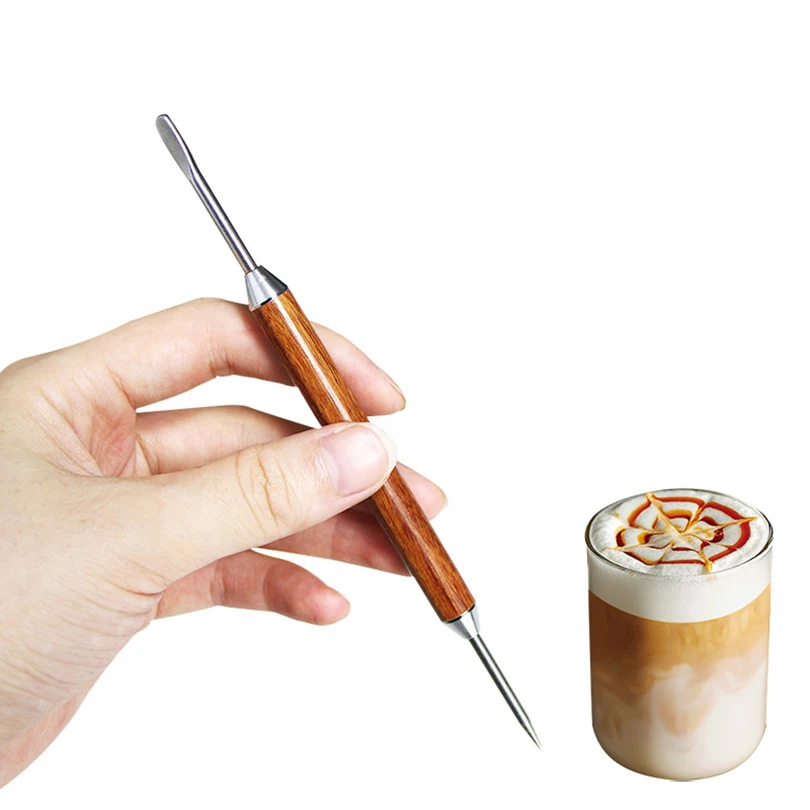 Edelstahl Kaffee Latte Art Stift Edelstahl Gewürz Cappuccino Zugnadel Holz Schnitzhaken für Blumenmuster