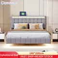 Letto imbottito Comanlai 140 x 200 cm, con luci a LED, con rete a doghe e testiera, letto per ragazzi, letto matrimoniale, senza materasso, grigio