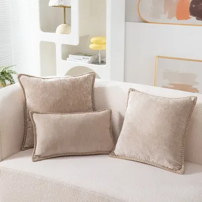 Beige quadratische Kissen bezüge 18x18 Zoll Supersoft Chenille Bauernhaus Kissen bezug für Wohnzimmer Schlafzimmer Sofa Couch 30x50cm Image