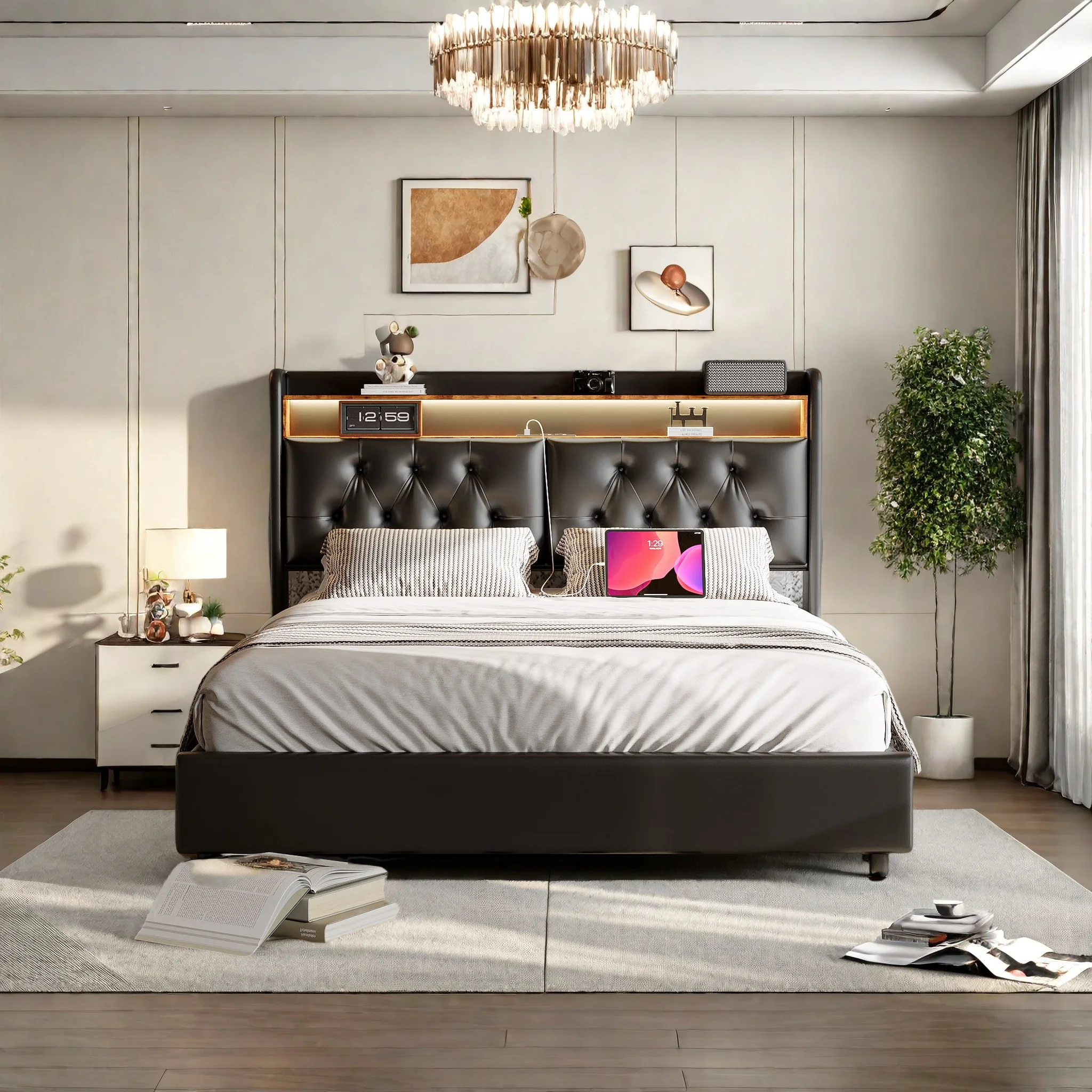 Rosahqnda gepolstertes hydraulisches Bett, 140–160–180 x 200 cm, Doppelbettrahmen mit LED und USB-Aufbewahrung, Kopfteil, funktionelles Bett, Teenagerbett, PU Image