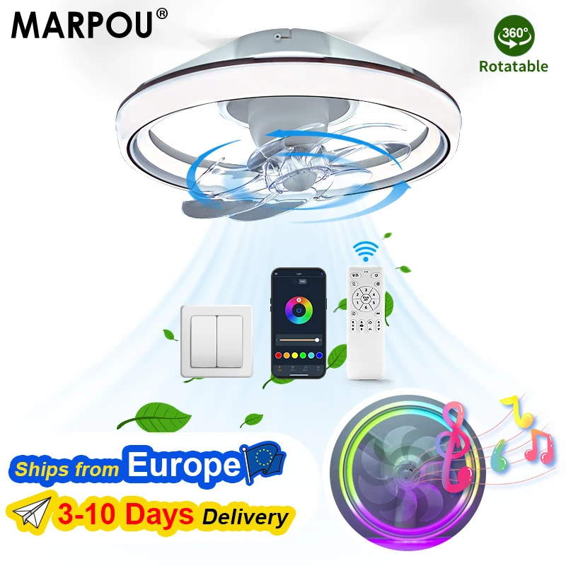 MARPOU Deckenventilator mit Beleuchtung, 90W, 7-Blatt-Oszillierender Ventilator, Moderner Deckenventilator mit LED-Licht, Fernbedienung, Restaurant-LED-Ventilatorlampe