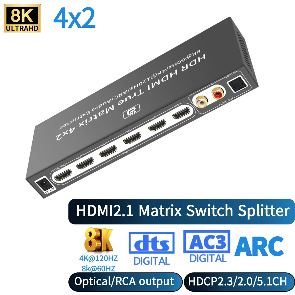 HDMI 2.1 Matrix 4x2 4k@120hz Switch Splitter HDMI 8K HDMI Switcher Splitter mit HDR 10 ARC für Dolby Atmos PS5 XBOX DTS HD AC3 Image