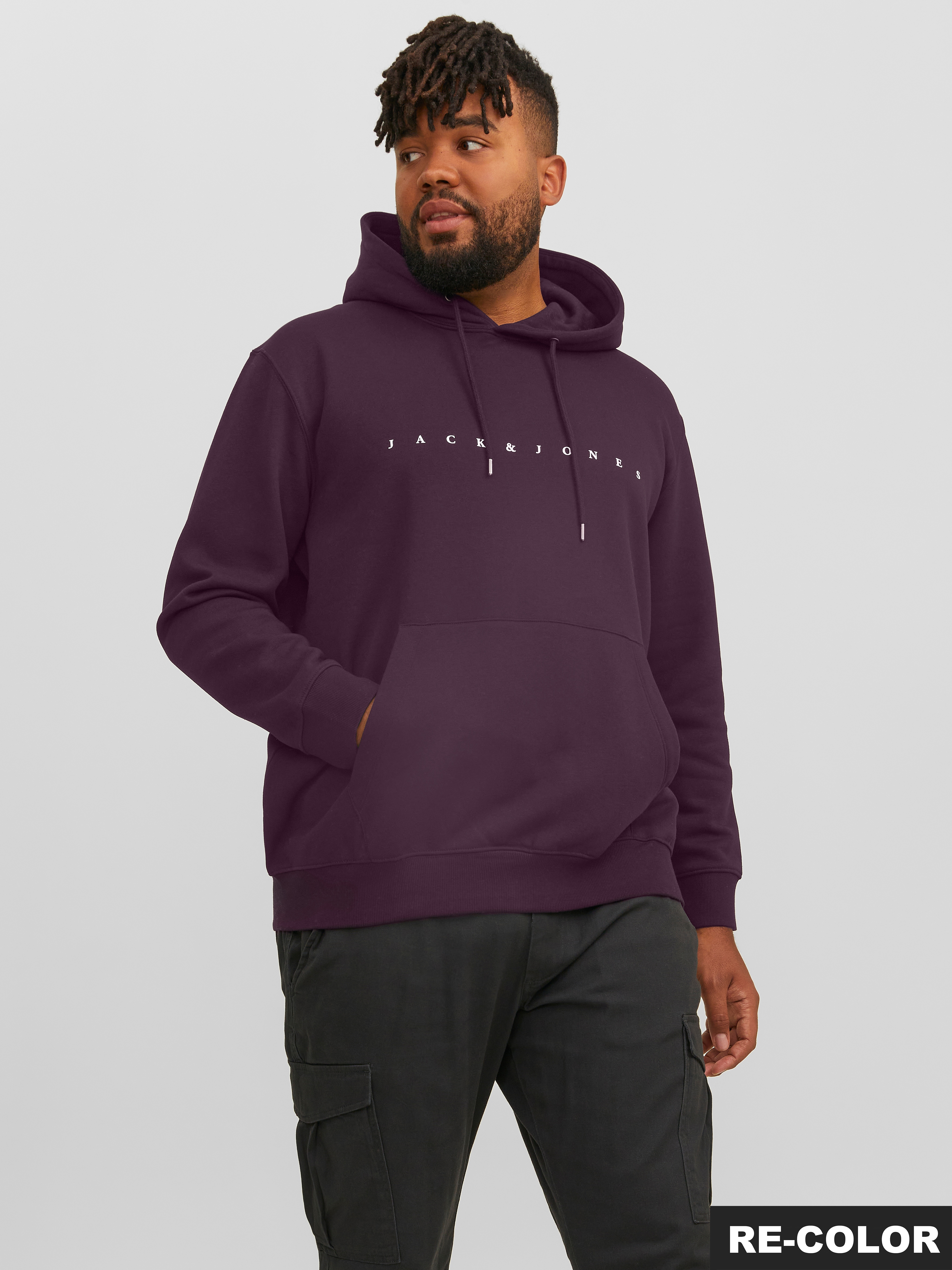 Kapuzensweatshirt "JJESTAR JJ SWEAT HOOD NOOS PLS", Herren, Gr. 6XL, lila (plum perfect), angeraute Sweatware, Obermaterial: 70% Baumwolle, 30% Polyester, JACK & JONES PLUSSIZE, bedruckt, comfort fit taillenbedeckt, Rippbündchen, Sweatshirts, mit...