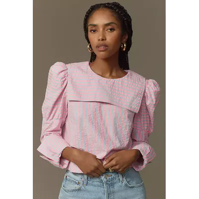 Maeve Puff-Sleeve Seersucker Blouse