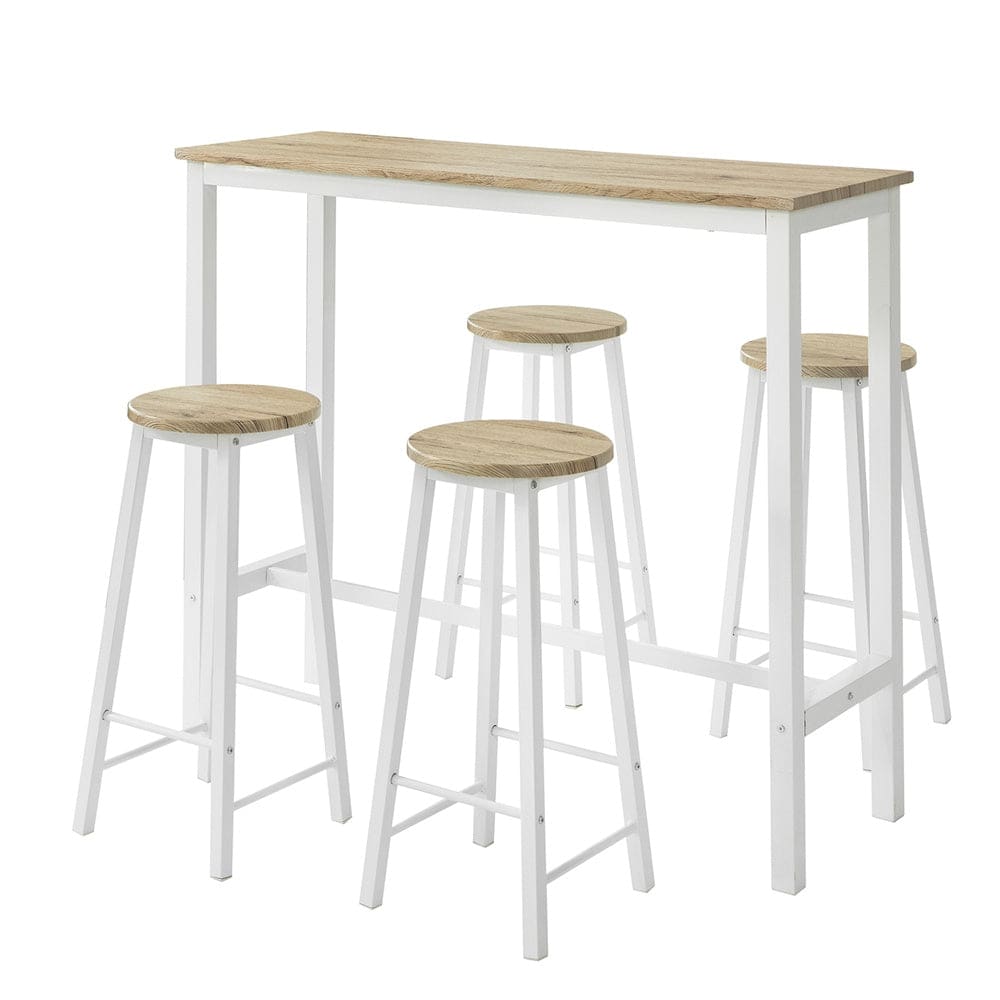 Set de 1 table et 4 tabourets de bar effet bois et métal blanc