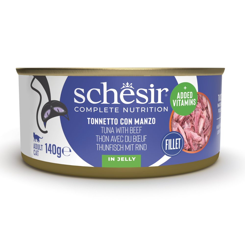 Schesir Complete Nutrition Filetti in gelatina 6 x 140 g in lattine - Tonnetto con manzo