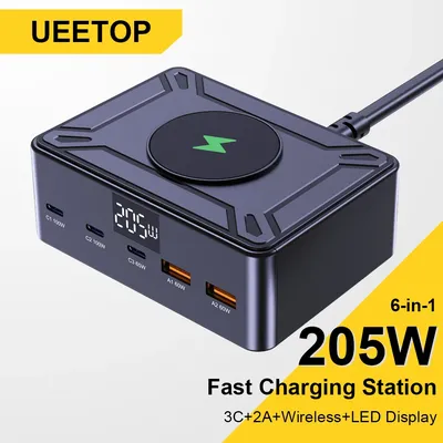 Ueetop 205W GaN Ladegerät Digitalanzeige Desktop USB Typ C Ladegerät PD 100W PPS 45W QC4.0 Schnellladung für Laptop Tablet Telefon Image