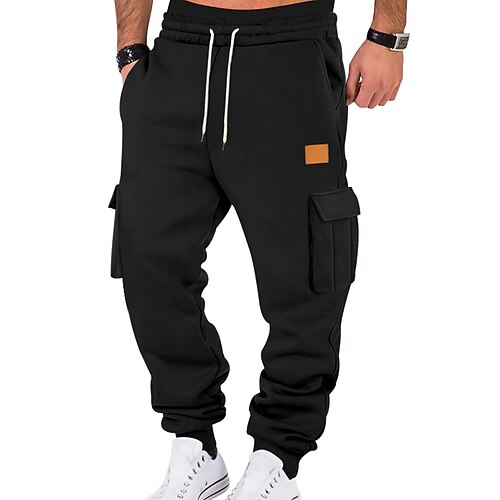Herren Cargo-Jogginghose Fleecehose Jogginghose Hose Kordelzug Elastischer Bund Mehrere Taschen Einfach Komfort Warm Volle Länge Outdoor Lässig Täglich Mode Klassicher Stil Schwarz Weiß Image