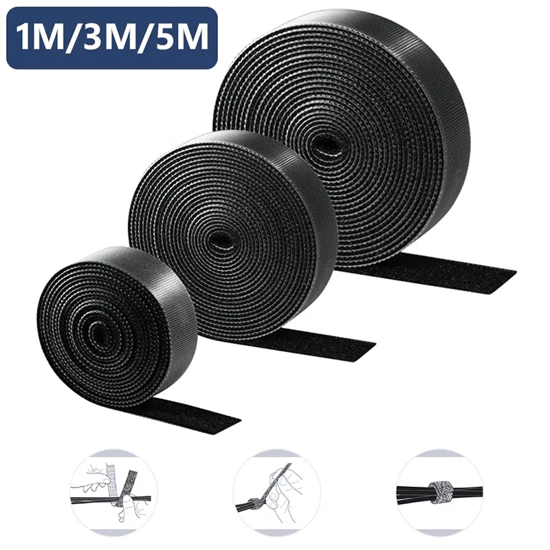 1 m/3 m/5 m 1 Rolle Kabelbinder, wiederverwendbar, selbstklebend, Hakenschlaufe, Bündelverschluss, Nylonband, Organizer, selbstklebender Halter, Management-Gurte Image