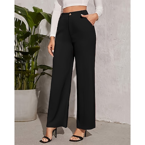 Damen Weites Bein Anzughose Hosen Hose Gerade Mode Streetwear Volle Länge Hohe Taille Einfach Tasche Atmungsaktivität Bequem Straße Alltagskleidung Ausgehen Dunkelblau Schwarz Wein Violett Frühling Image