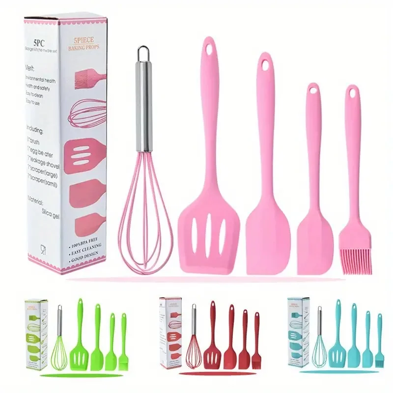 5 stücke Bunte Silikon Küche Utensil Set Große Schaber Kleine Schaber Mixer Öl Pinsel Lange Spachtel Farbe Backen Küche Werkzeuge Image