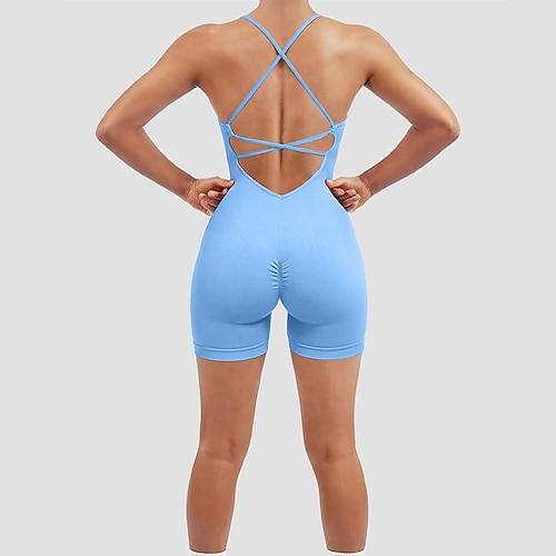 Damen Scrunch Yoga-Strampler Trainingsoveralls Rückenfrei Einfarbig Bodysuit Sommer Dunkelgrau Schwarz Fitnesstraining Volleyball Laufen Hohe Taille Bauchkontrolle Elastisch Atmungsaktiv Sport Image
