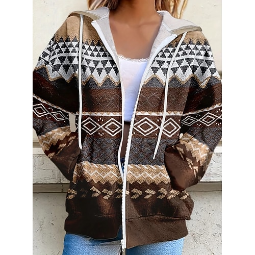 Damen Kapuzen Sweatshirtjacke Langarm Reißverschluss Hoodie mit Tasche Leichtgewicht Lässig Mikro-elastisch Übergröße Geometrisch Gestreift Aktiv Vintage Sport Kordelzug Rot Blau Lila Braun Grün