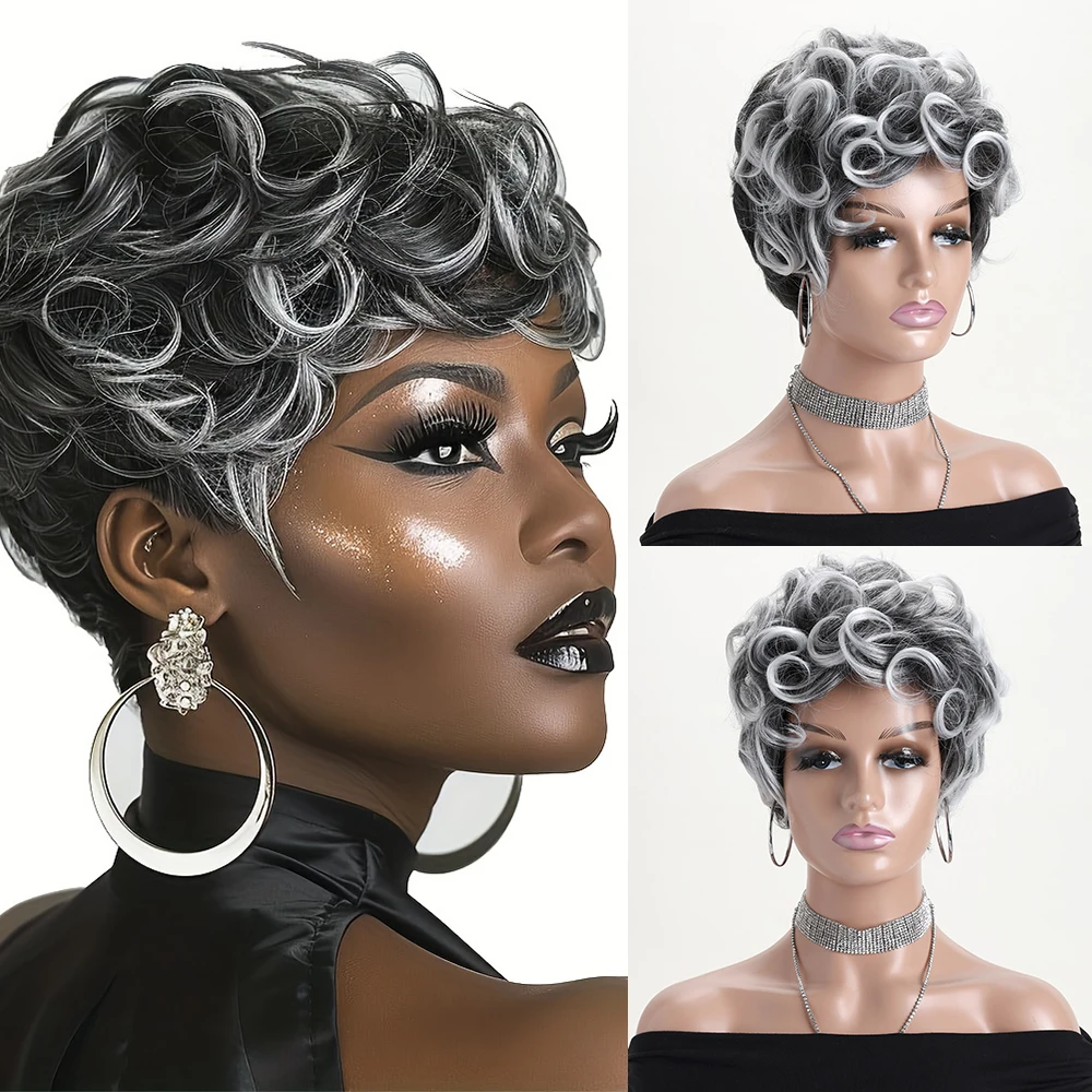 10-Zoll-natürliche synthetische schwarze Farbverlaufs-Silber-weiße Perücken für Frauen, kurze lockige Perücke, tägliche Party, Festival, hitzebeständiges Haar Image