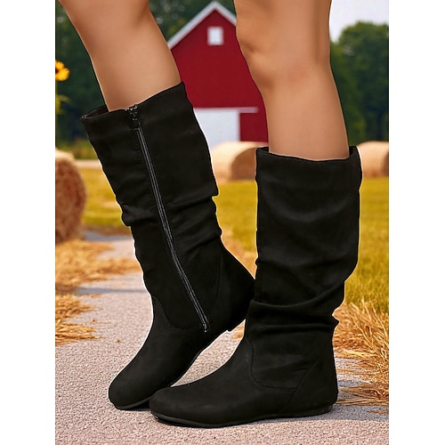 Rosafarbene, flache Damenstiefel mit halbhohem Schaft und seitlichem Reißverschluss, lässige Slouch-Stiefel für Herbsttage, Landhäuser und Besorgungen im Freien Image