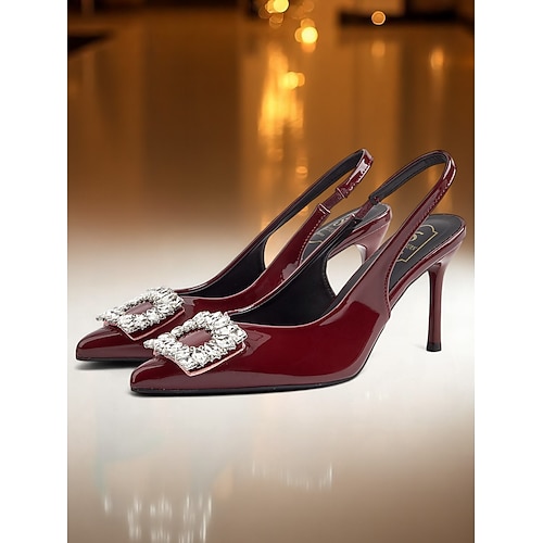 Burgunderrote Slingback-Pumps aus Lackleder für Damen – spitze Stilettos mit Kristallschnalle für formelle Anlässe und Cocktailpartys Image