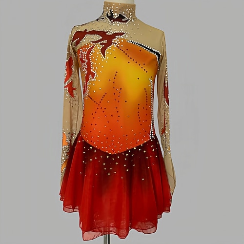 Eiskunstlaufkleid Damen Mädchen Eislaufen Kleid Rot gelb Daumenloch Halo-Färbung Netzstoff Spandex Dehnbar Training Übung Professionell Eiskunstlaufkleidung Thermowarm Klassisch Kristall / Strass Image