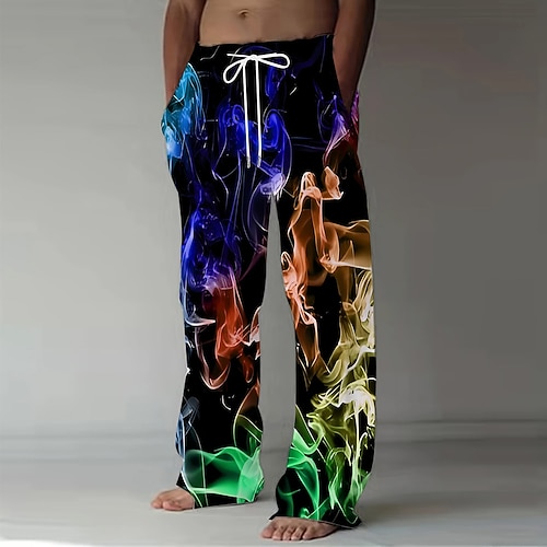 Herren Bunt Rauch Hose Baggy-Hosen Freizeithose Mittlere Taille Modisch lässig Ferien Streetwear Elastischer Kordelzug in der Taille Leinenähnliche Hose mit Taschen Sommer Frühling 3D-Druck Rote Blau Image